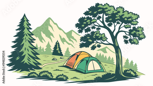 a colorful tent pitched in a scenic outdoor setting Vector