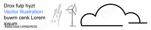 Renewable energy, climate change, weather prediction, sustainability, eco-friendly design, clean energy solutions. Minimalist wind turbine, cloud and rain symbols. Renewable energy and eco-friendly