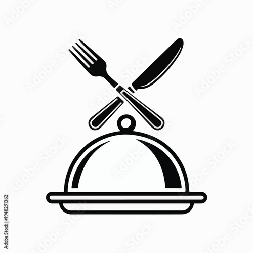 Black silhouette of a covered dish with crossed fork and knife food serving