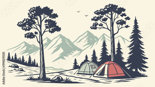 a red tent in a forest with mountains in the background Vector