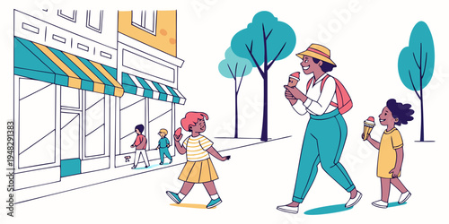 a man and two children walking down the street Vector