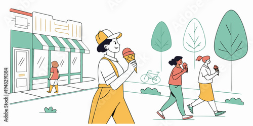 a man in yellow overalls walking down the street Vector