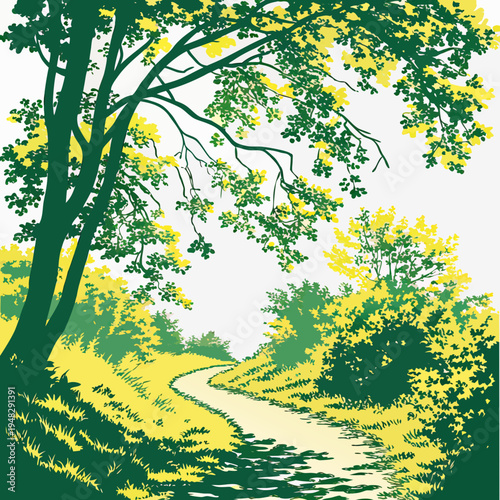 a tree lined path in a forest with green and yellow foliage Vector