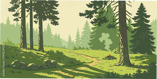 a serene forest landscape with tall trees and lush green grass Vector