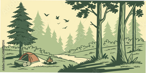 a tent pitched in a forest clearing Vector