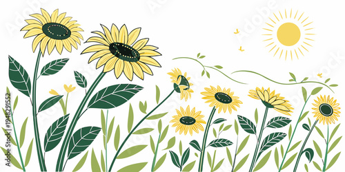 a group of sunflowers in a field on a sunny day Vector