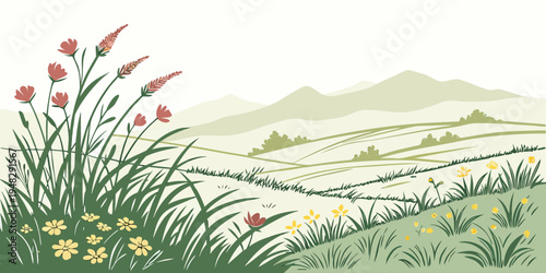 a serene landscape with wildflowers and rolling hills Vector