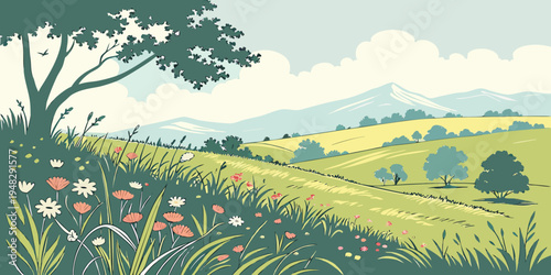 a serene landscape with a tree and flowers on a green hill Vector