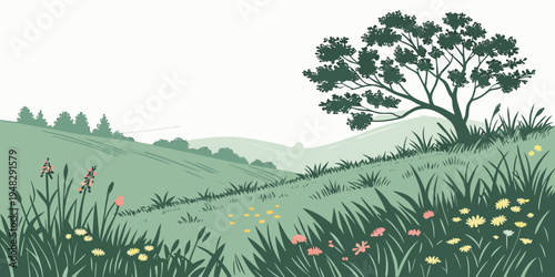 a tree on a grassy hill with wildflowers Vector