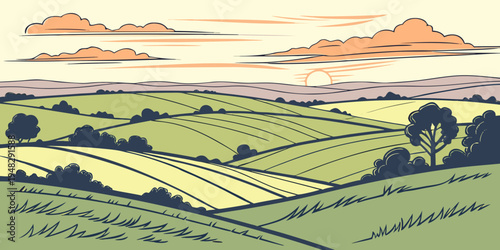 a serene landscape with rolling hills and trees under a cloudy sky Vector