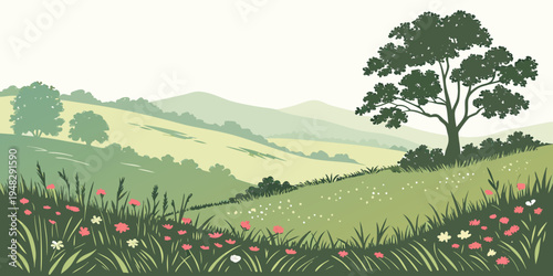 a scenic landscape with a tree on a green hill Vector