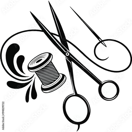 Scissors needle and spool of thread with decorative swirl on white background sewing