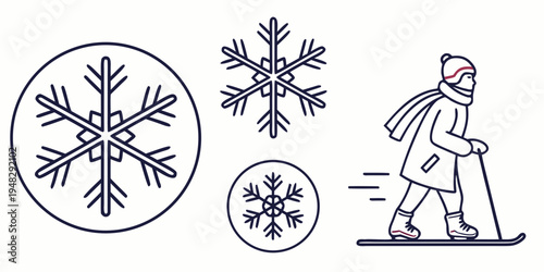 a person bundled up walking in the snow with snowflakes Vector