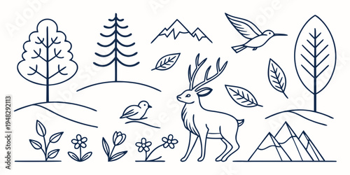 a deer standing in a forest with trees and mountains Vector