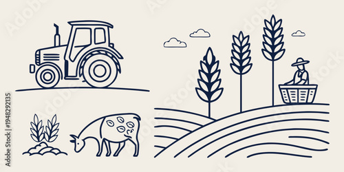 a tractor and a cow on a farm with trees Vector