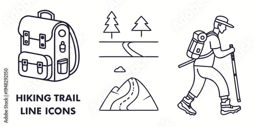 man hiking with backpack and trekking poles on trail Vector
