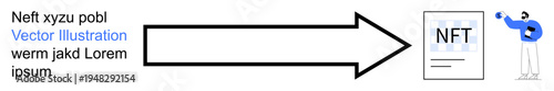 Blockchain technology, NFT trading, digital assets, online ownership, data transfer, innovation. Person pointing at NFT document with arrow transfer process. Blockchain technology and NFT trading