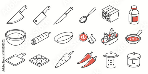 a collection of kitchen utensils and food items Vector