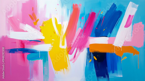 Modern Abstract Painting with Energetic Brushstrokes in Symphony of Bright Pink, Sunny Yellow, Sky Blue, and Warm Orange Hues, Evoking Joy and Movement