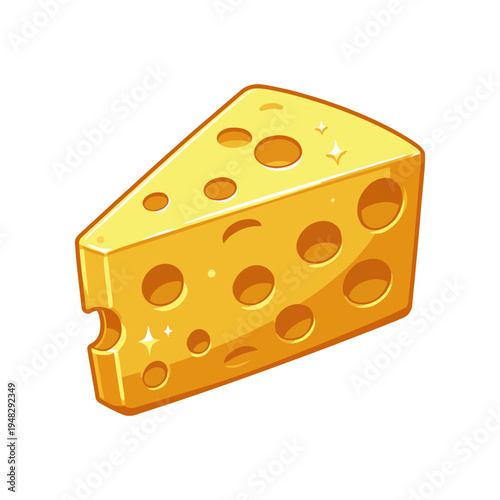 A vibrant and appealing cheese wedge, characterized by its distinct holes and glossy finish, ideal for food decoration or culinary themes in stock images.