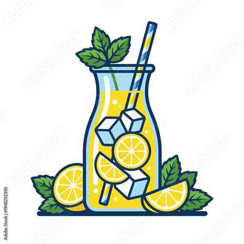 An inviting illustration of a refreshing lemonade drink in a glass pitcher, accompanied by fresh lemon slices and mint leaves, evoking summer vibes and thirst-quenching delight.