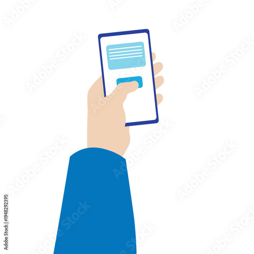 Hand drawn cartoon hand with phone, isolate on white, flat style, mobile app