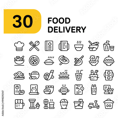 30 food delivery service thin line icons for online ordering and logistics