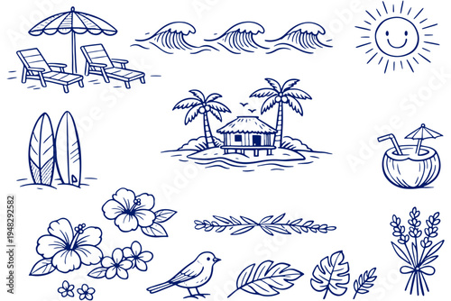 Tropical Coastal Doodle Illustration Set Surfboards Palm Trees Waves Sun Vector