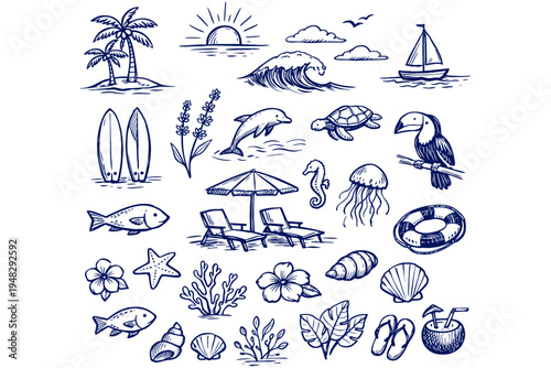 Tropical Coastal Summer Beach Doodle Illustration Set Surfboards Palm Trees Waves Sun