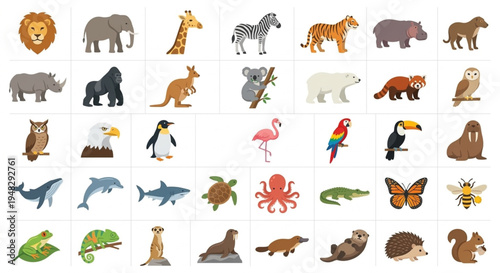Illustration of diverse animals in square array