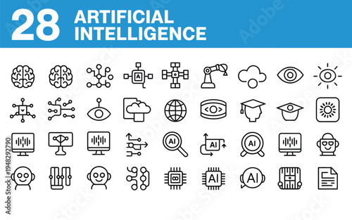 Artificial intelligence icons for machine learning and digital neural networks