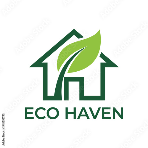 A logo symbolizing sustainable living with a house and green leaf design, promoting environmental consciousness, home comfort, and eco-friendly practices for modern living.