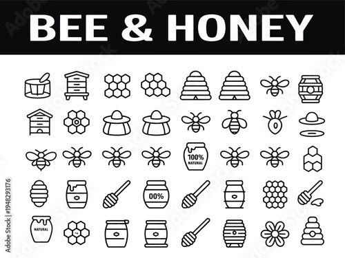 Bee and honey line icons set. collection of vector outline symbols for web design