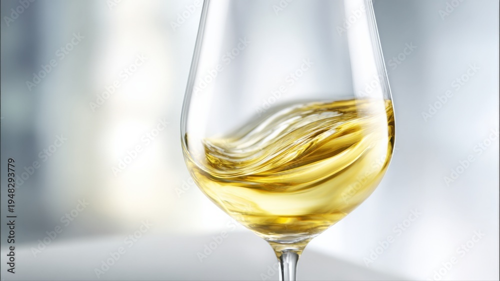 Fototapeta premium Elegant White Wine Swirling in a Glass, Capturing Light and Motion, Perfect for Advertising and Editorial Use