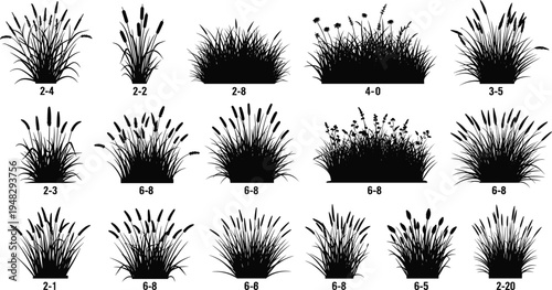 Set of black grass silhouettes including reeds cattails and meadow wildflowers icons isolated on white background for nature landscape design projects