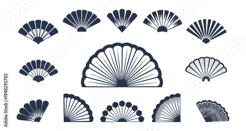Decorative fan collection graphic elements on black background