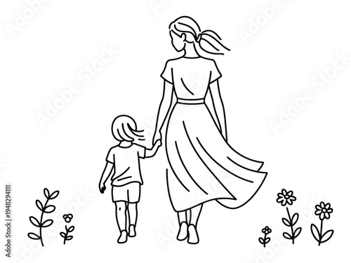 Mother and child walking hand in hand through a field of flowers