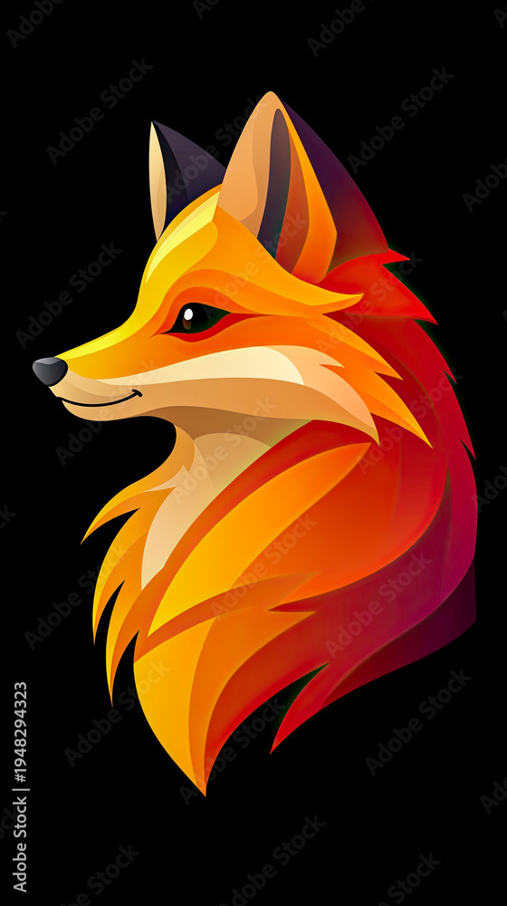 Fototapeta premium Striking profile portrait of stylized fox rendered in vibrant, flowing gradients of orange, yellow, and red against stark black background, showcasing modern, abstract artistic interpretation of wild 