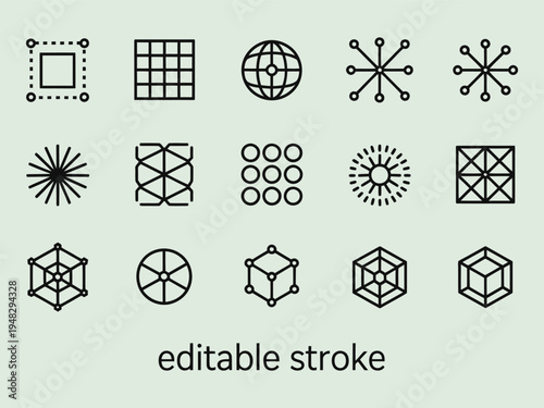 Editable stroke icons for abstract geometric shapes and network systems vector