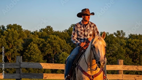 A cowboy riding a horse in a serene rural landscape during golden hour
