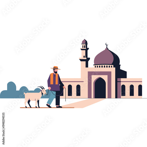 Man walking with goat near mosque in desert landscape