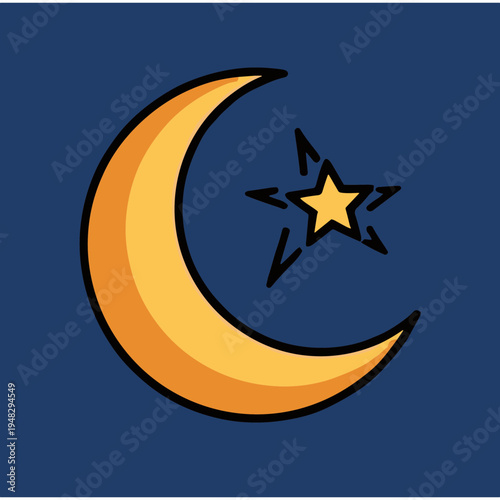 A crescent moon shines brightly with a star in the night sky.