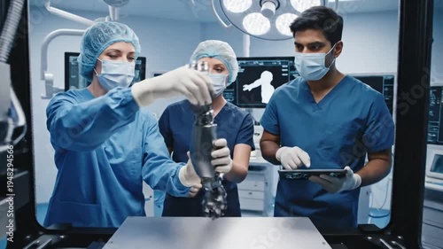 Advanced robotic processor architecture displayed on a platform within a futuristic operating room with medical personnel and monitors in the background