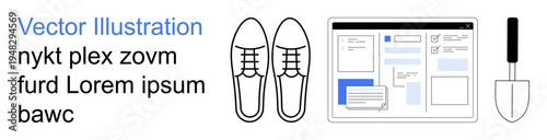 Web design, ecommerce concepts, gardening, fashion, user interfaces, product design. Outline of shoes, website layout and garden trowel. Web design and e-commerce inspiration