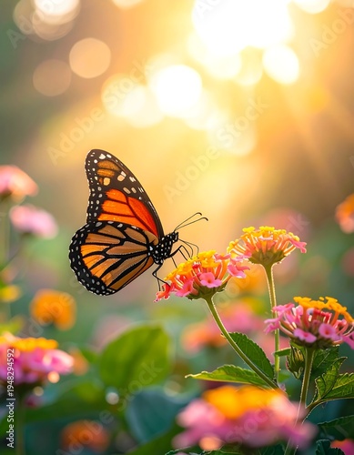 Monarch rests on vibrant flowers, sunlit garden