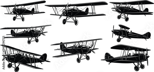 Vintage biplane aircraft silhouettes set with classic propeller planes, antique aviation wings, retro flight elements, old airplane vector icons for design.