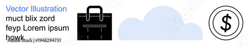 Business technology, finance management, cloud storage, economic growth, digital tools, data management. Black briefcase, blue cloud and dollar symbol icons. Business technology and finance