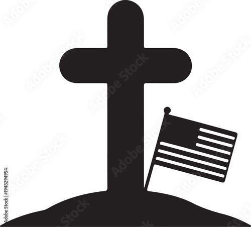 Cemetery Cross With American Flag Memorial