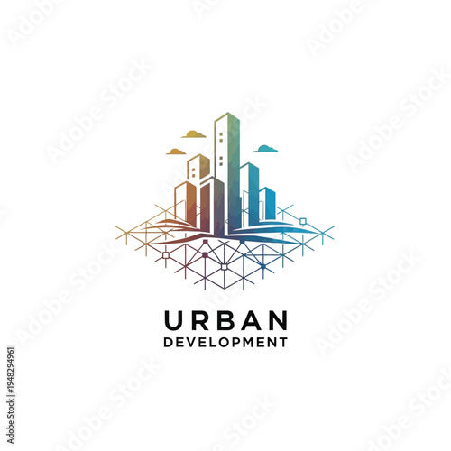 Abstract colorful city skyline with buildings and connecting lines, representing vibrant urban development, isolated white background.