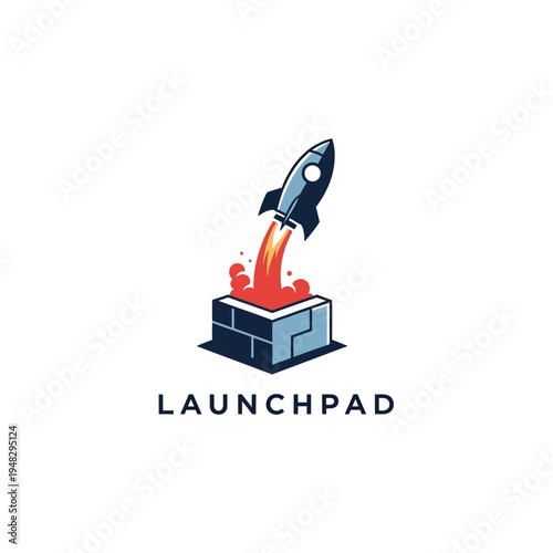 Launchpad Rocket Take Off Logo with Flames on isolated white background